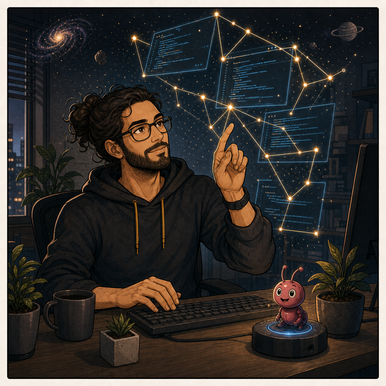 Illustration of the geek culture and characters around 404 – Das Leben hat Bugs